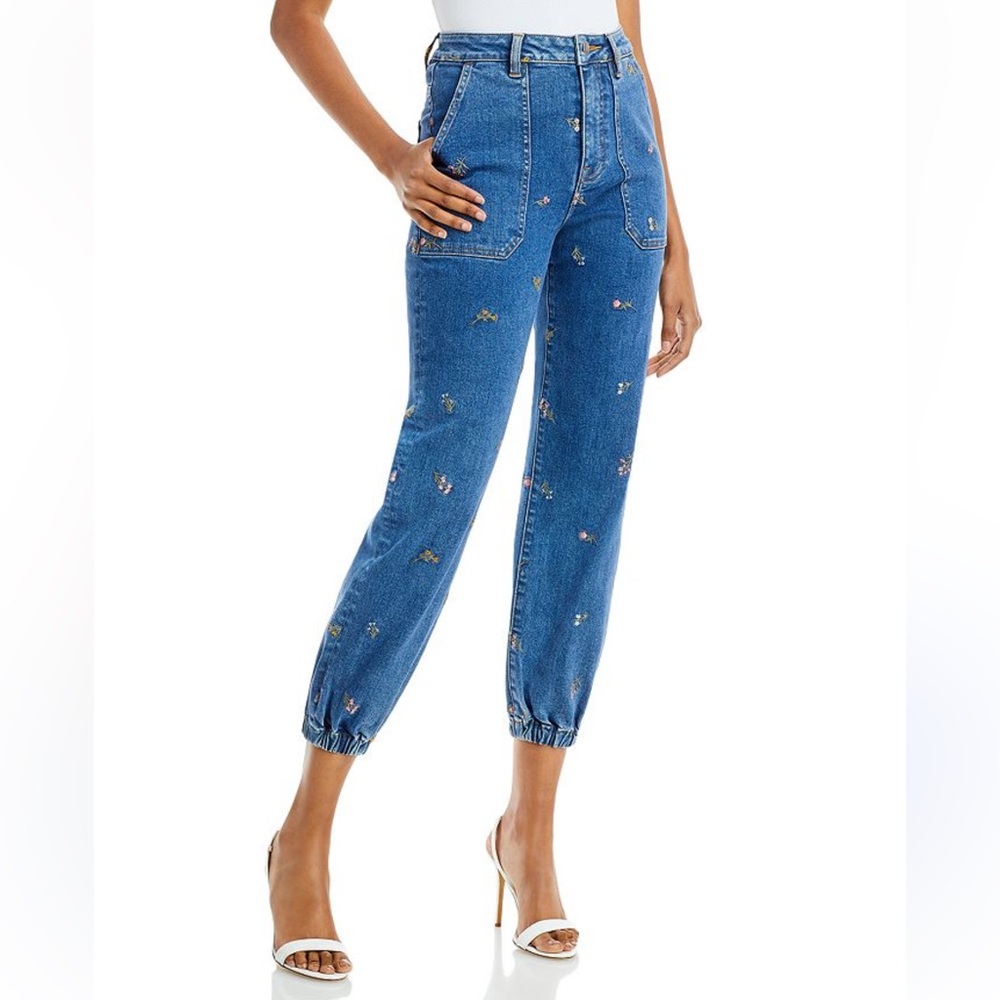 NWT Floral Embroidered High Rise Jogger Ankle Jeans in Vintage Wash